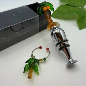 Palm Tree Glass Wine Stopper and Wine 🍷 Matching Charm - Green & Amber